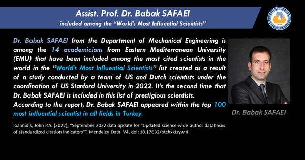 Assist. Prof. Dr. Babak SAFAEI included among the “World’s Most Influential Scientists”