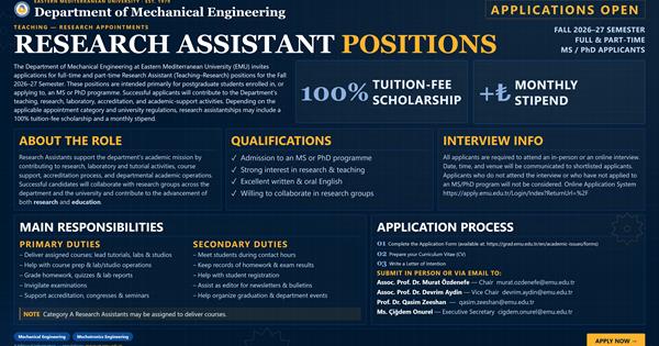 Research Assistant (Teaching–Research) Positions - Fall 2026–27