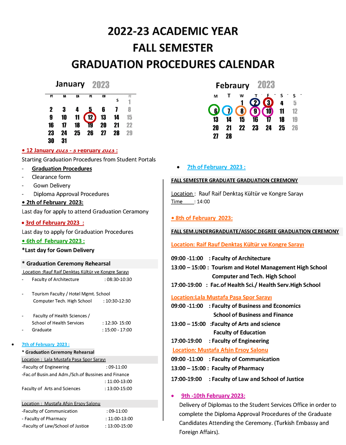 Graduation Calendar Fall Semester 2022-2023