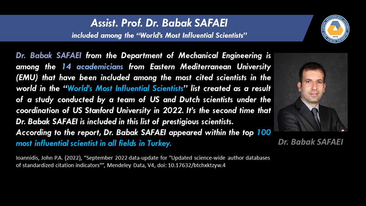 Assist. Prof. Dr. Babak SAFAEI included among the “World’s Most Influential Scientists”