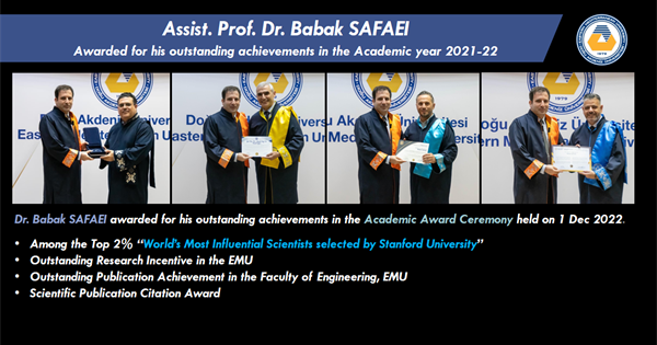 Assist. Prof. Dr. Babak SAFAEI awarded for his Outstanding Achievements in the Academic Year 2021-22