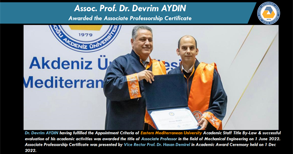 Assoc. Prof. Dr. Devrim AYDIN awarded the Associate Professorship Certificate 